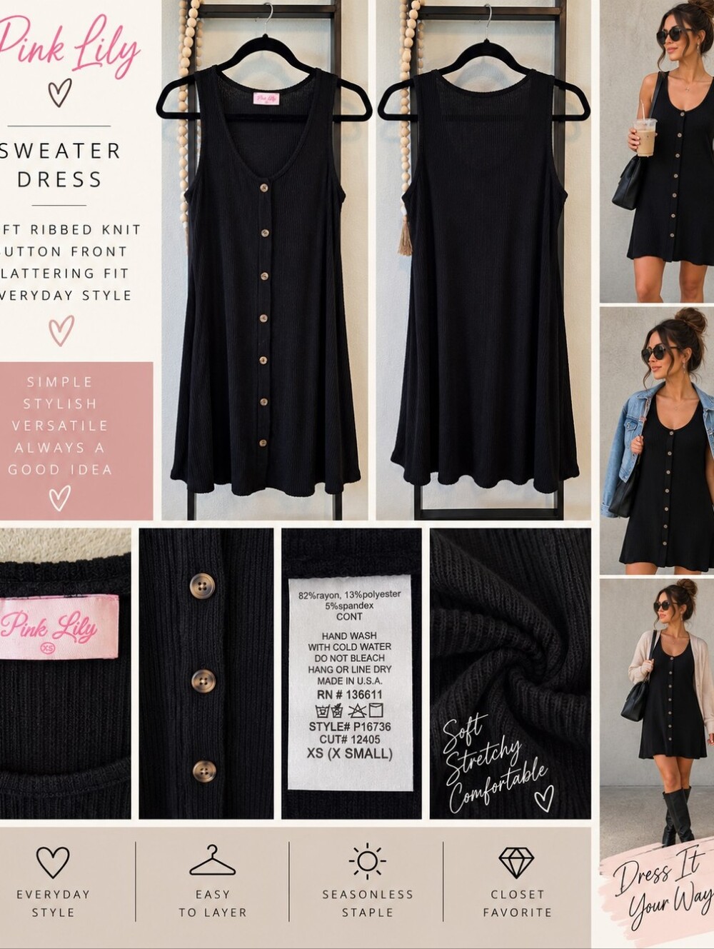✨ Pink Lily Black Ribbed Button Front Sweater Dress – XS ✨